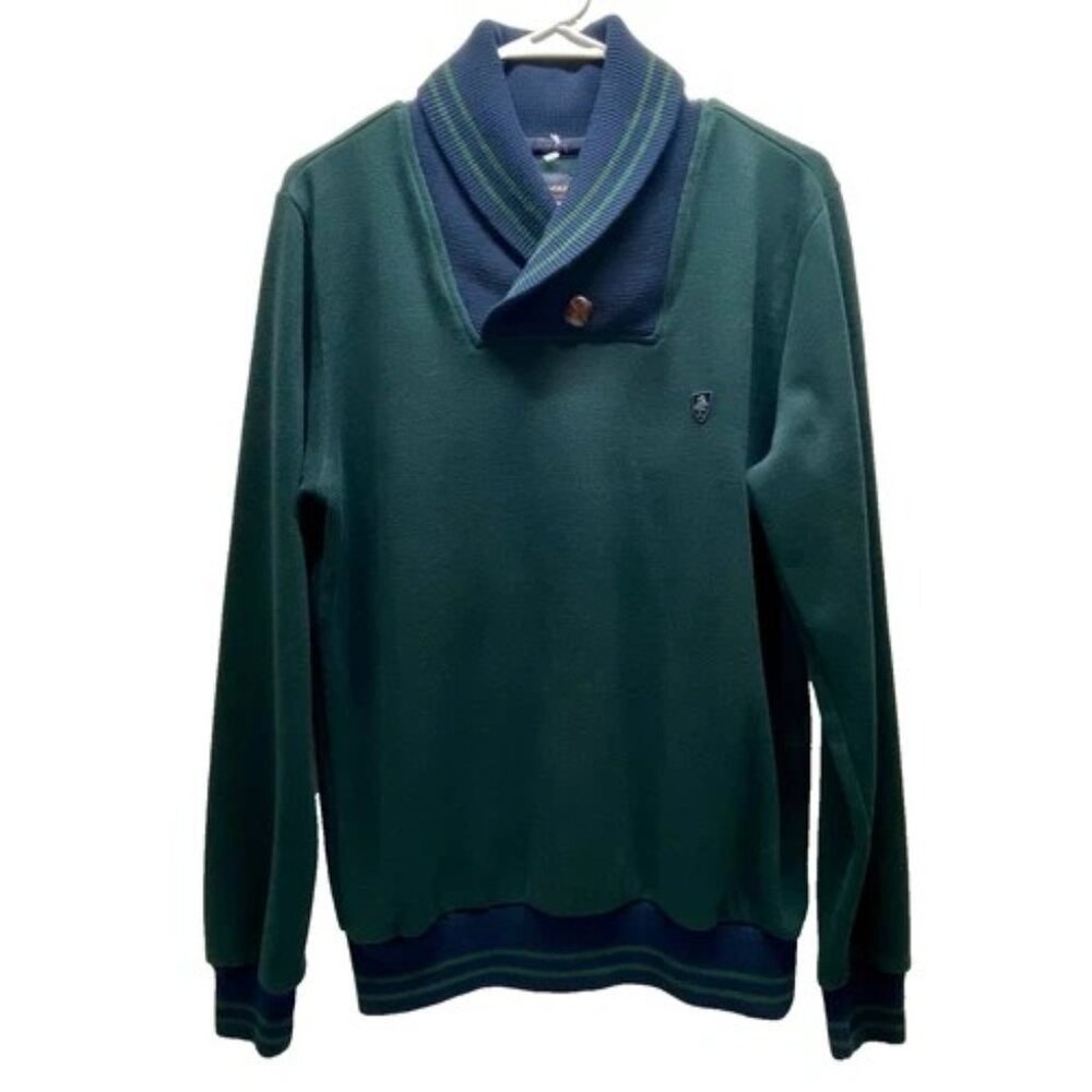 Paul Mark Sportswear Sweater Men's Medium Forest Green Top Navy Shawl Collar EUC